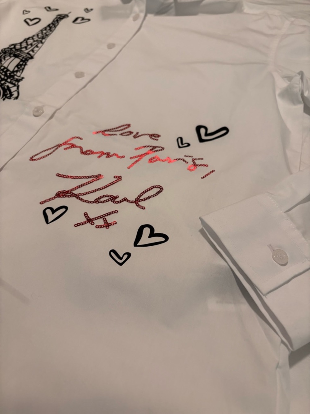 Karl Lagerfeld Women’s White Button-Down Shirt with Eiffel Tower Size S - New - Picture 2 of 7